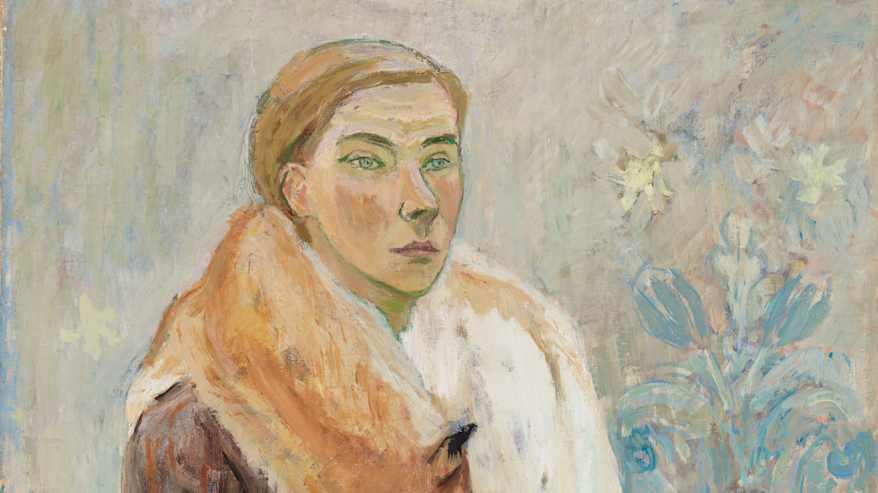 Maalaus, jossa nuori nainen katsoo vakavana, kaulassaan ilveksestä tehty kaulus ja päällään turkki.