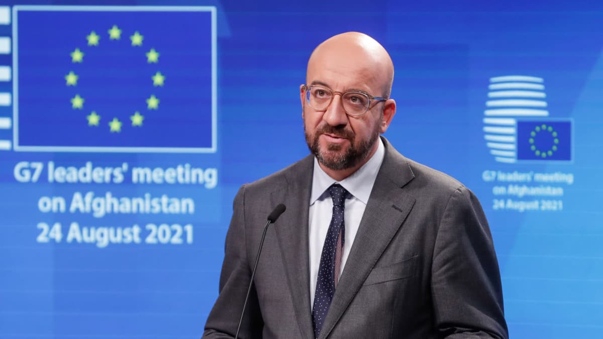 Europeiska rådets ordförande Charles Michel under EU-ledarnass presskonferens om läget i Afghanistan den 24 augusti 2021.