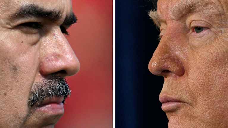 The composite image shows Maduro and Trump facing each other.