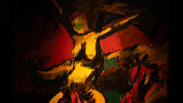 Värikäs ja ekspressiivinen maalaus kuvaa ristiinnaulitsemista voimakkaissa sävyissä.