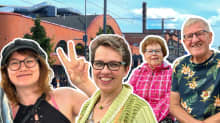 Hervannan keskustasta otettu kuva, jonka etualalle on muokattu neljä haastateltavaa ihmistä iloisesti hymyilemässä.