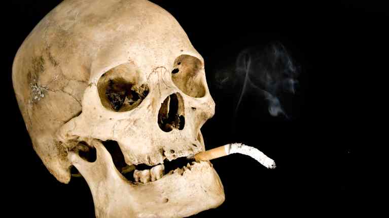 En skalle med en tobak i munnen.