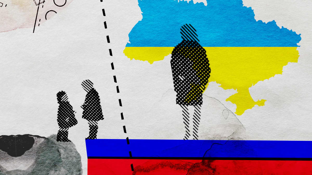 Illustration shows an adult figure divided from two children by a broken line, with the Ukrainian flag in the background.