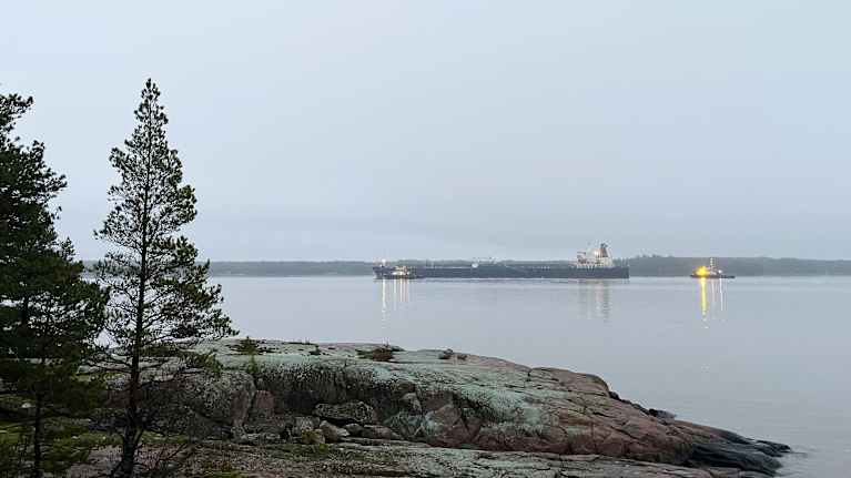 Kalvakan harmaata merenpintaa vasten kulkee suuri rahtilaiva kahden hinaajan saattamana.