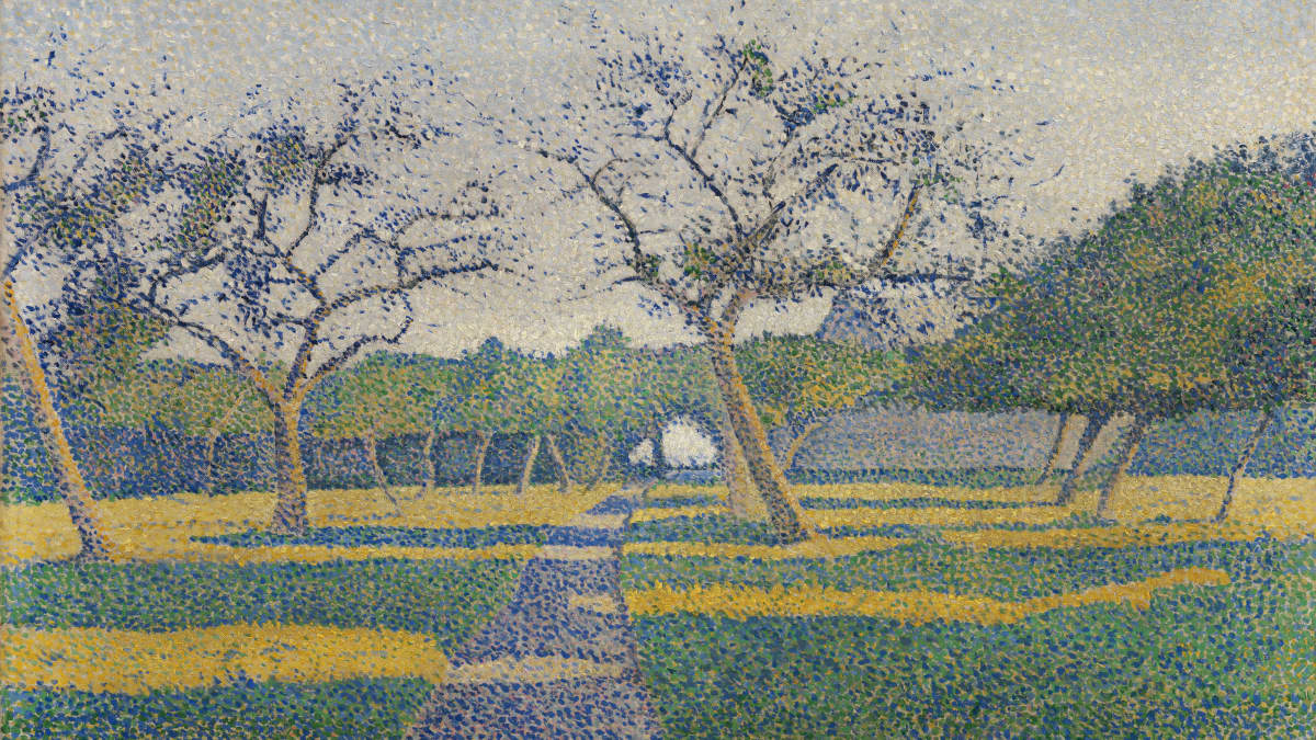 Alfred William Finchin teos Hedelmäpuutarha La Louvièrestä. Maalauksen keskellä kulkee polku horisonttia päin. Polun kummallakin puolella kasvaa puita.