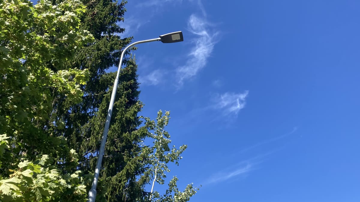 Katuvalaisin aurinkoisena päivänä vasten sinistä taivasta ja vehreitä puita.