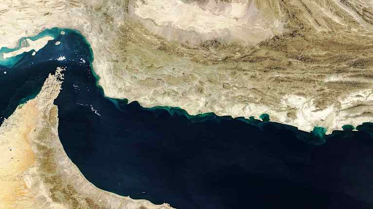 A satellite photo of the Strait of Hormuz. 