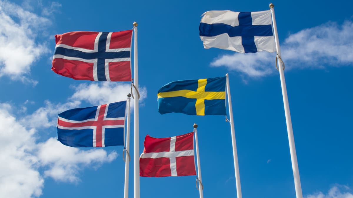 Kaikkien Pohjoismaiden eli Islannin, Norjan, Tanskan, Ruotsin ja Suomen liput. Kuva: Mostphotos