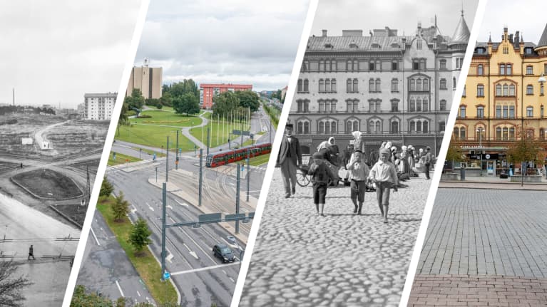 Kuvakollaasi kuvista Tampereella. Kollaasissa kaksi vanhaa kuvaa, kaksi uutta kuvaa, kaikki rinnakkain.