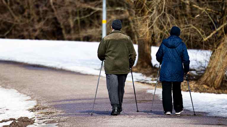 Two people wearing winter coats using Nordic walking sticks walk down a path, with snow on the ground.