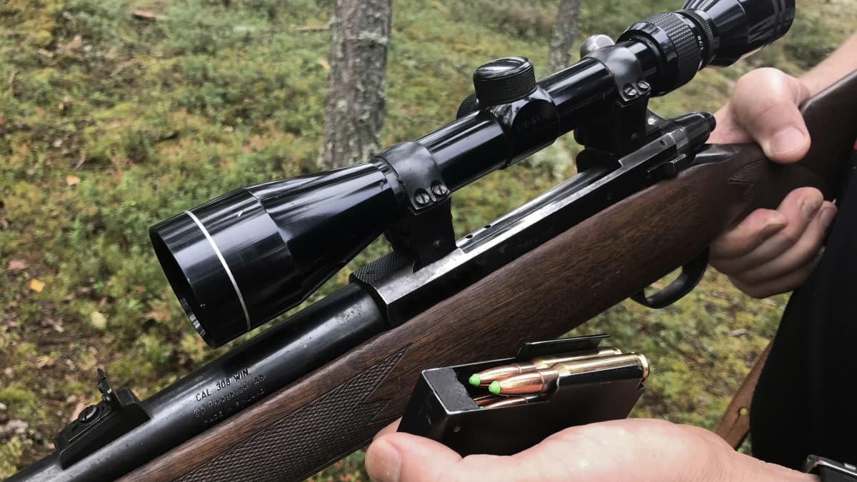 Mies pitelee Tikka M65 cal 308 -hirvikivääriä oikeassa kädessä ja vasemmassa kädessä on lipas täynnä patruunoita.