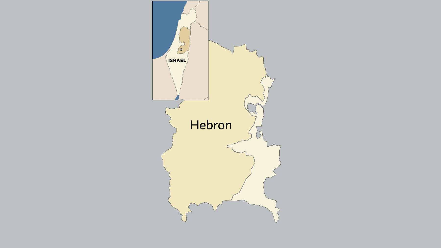 Kartalla jaettu Hebronin kaupunki Israelissa.