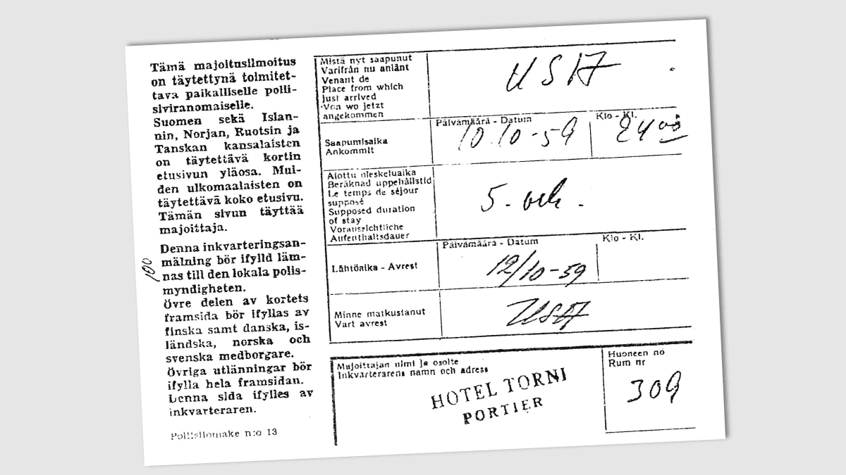 A copy of the Hotel Torni's accommodation list. The occupant of room 309 arrived on 10.10.1959 at 24.00 and left on 12.10.1959.