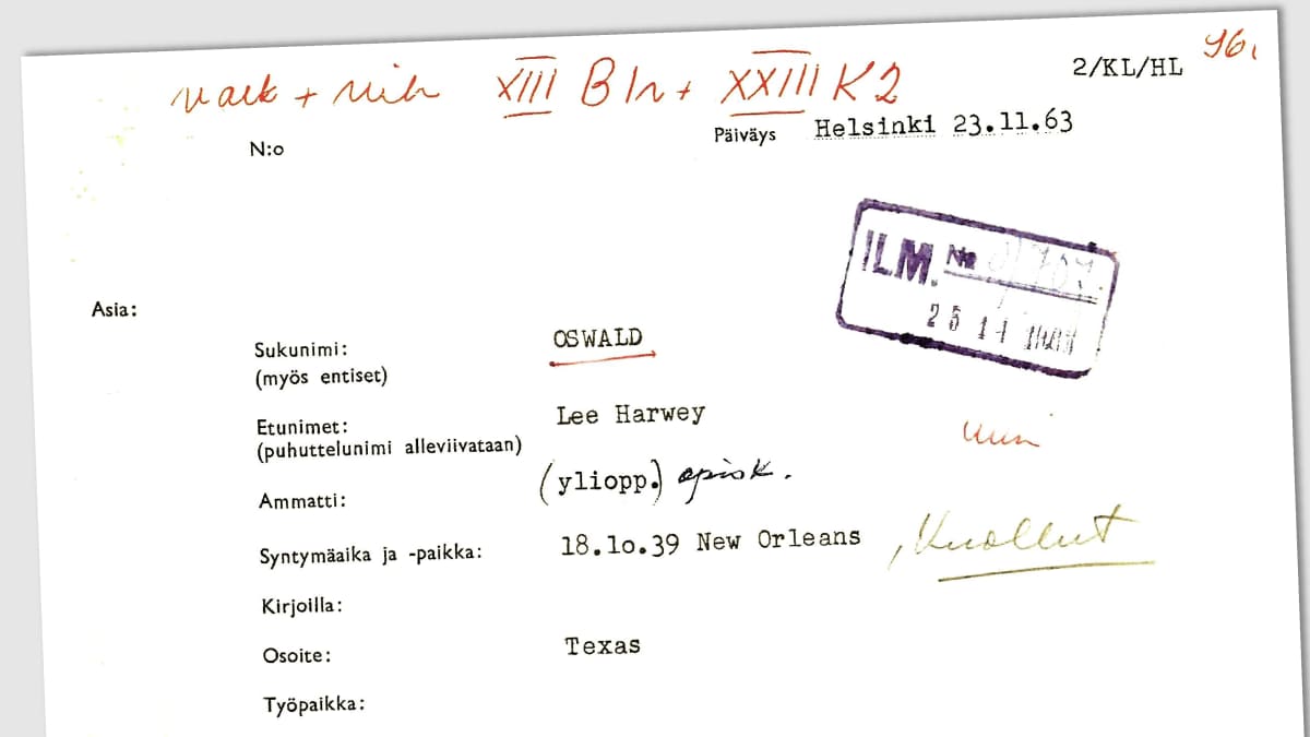 Extract from a document dated 23.11.1963 containing basic information on Oswald. The date of birth is followed by the handwritten word "deceased".