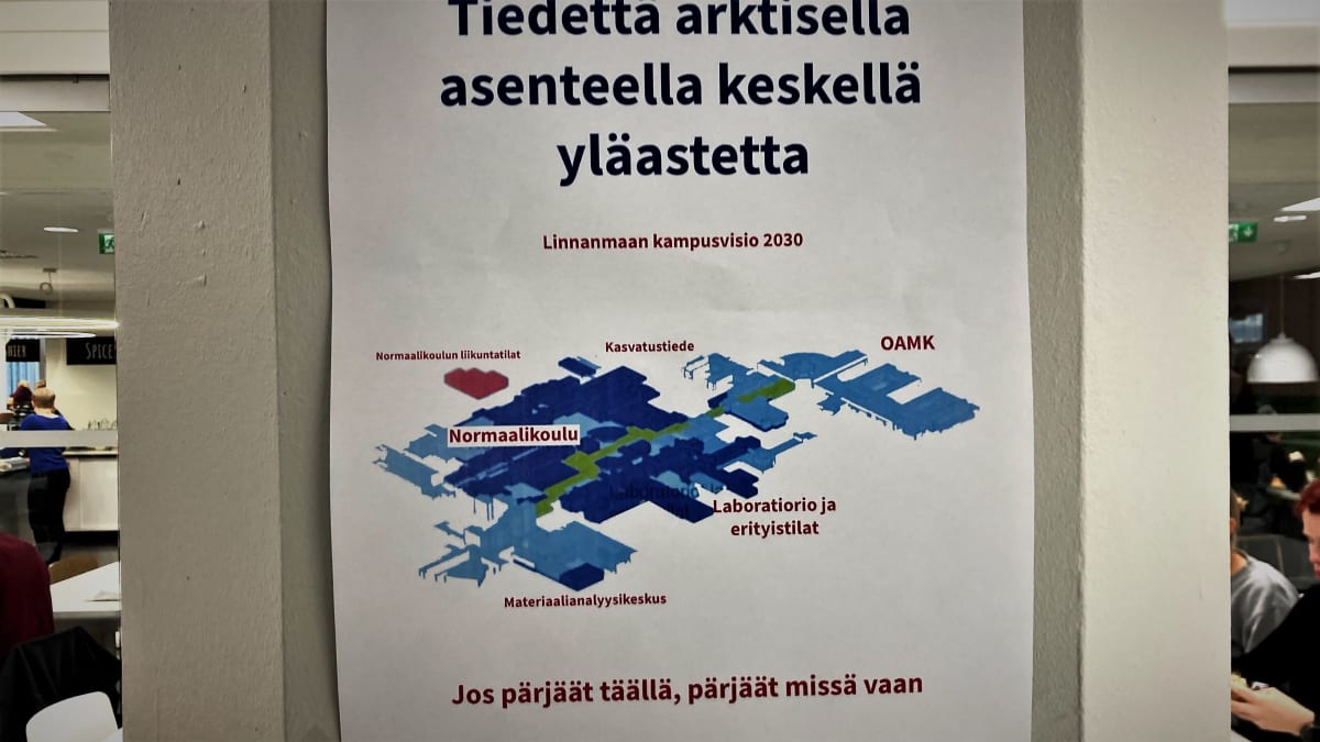Kuva julisteesta, jossa on Oulun Linnanmaan kampusalueen kuva ja teksti: Tiedettä arktisella asenteella - Linnanmaan kampusvisio