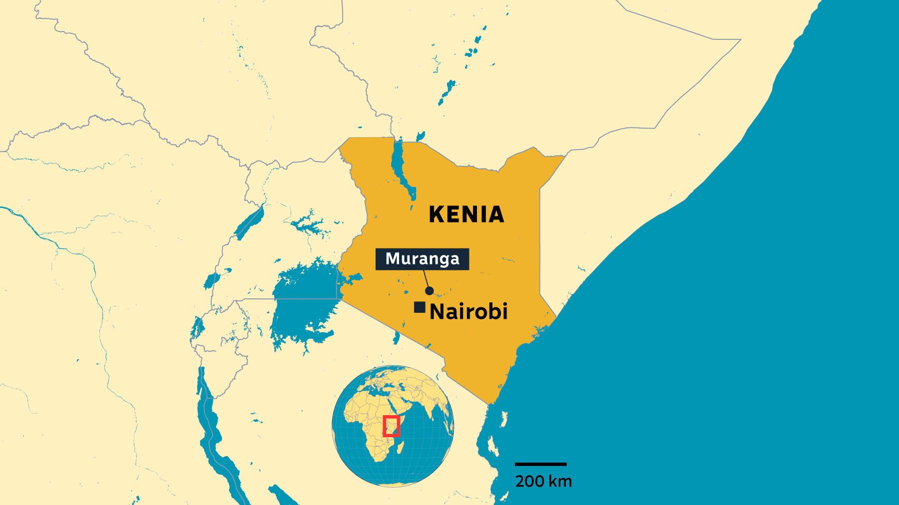 Kartalla Muranga ja Nairobi Keniassa.