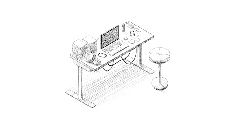 A sketch of an empty workstation with an electric desk and office tools.