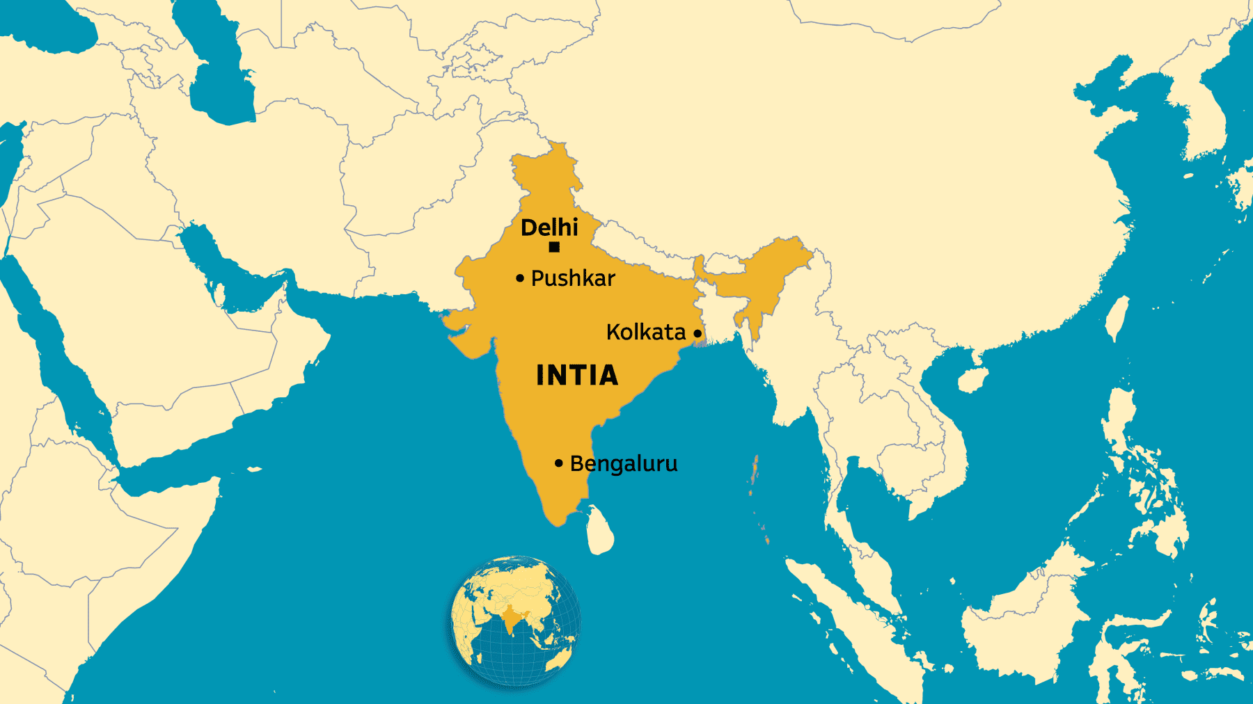 Kartalla Delhi, Pushkar, Kolkata ja Bengaluru Intiassa.
