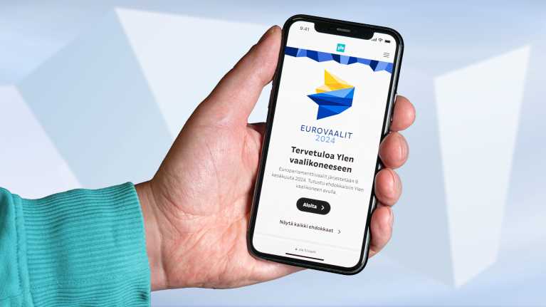 Ylen eurovaalikone puhelimen näytöllä.