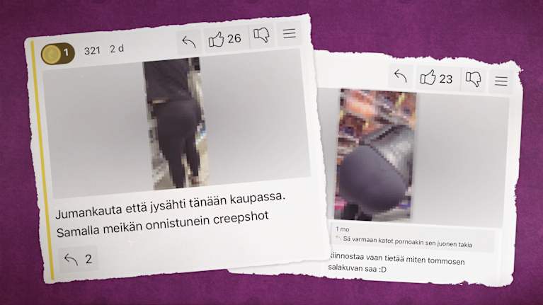 Kuvakollaasi, jossa on kuvakaappauksia Ylilaudan keskusteluketjun kommenteista. Kommenteissa keskustellaan naisten salakuvaamisesta.