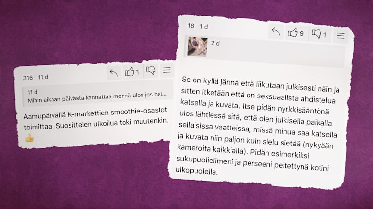 Kuvakollaasi, jossa on kuvakaappauksia Ylilaudan keskusteluketjun kommenteista. Kommenteissa keskustellaan naisten salakuvaamisesta.