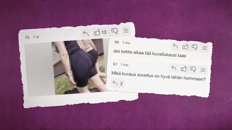 Kuvakollaasi, jossa on kuvakaappauksia Ylilaudan keskusteluketjun kommenteista. Kommenteissa keskustellaan naisten salakuvaamisesta.