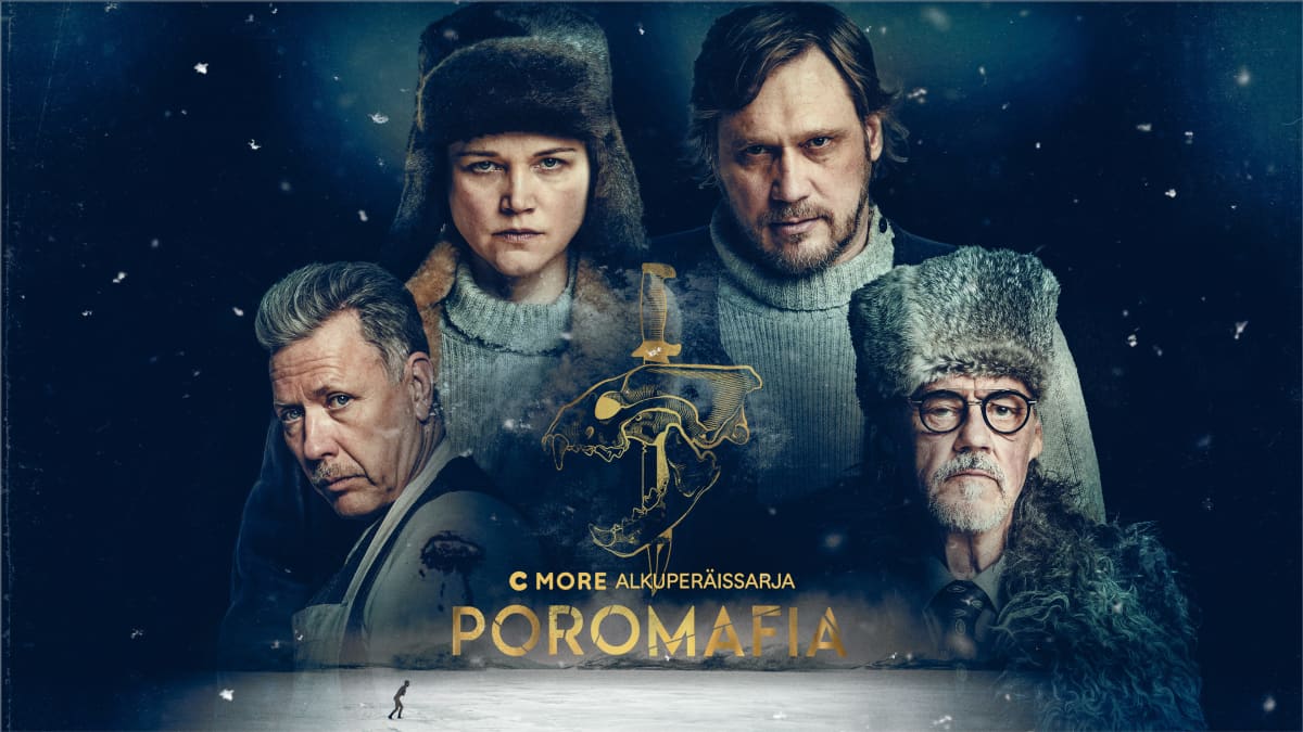 Samuli Edelmann, Mikael Persbrandt, Anna-Maija Tuokko, Aake Kalliala ja Olavi Uusivirta Poromafia -sarjan pressikuvassa.