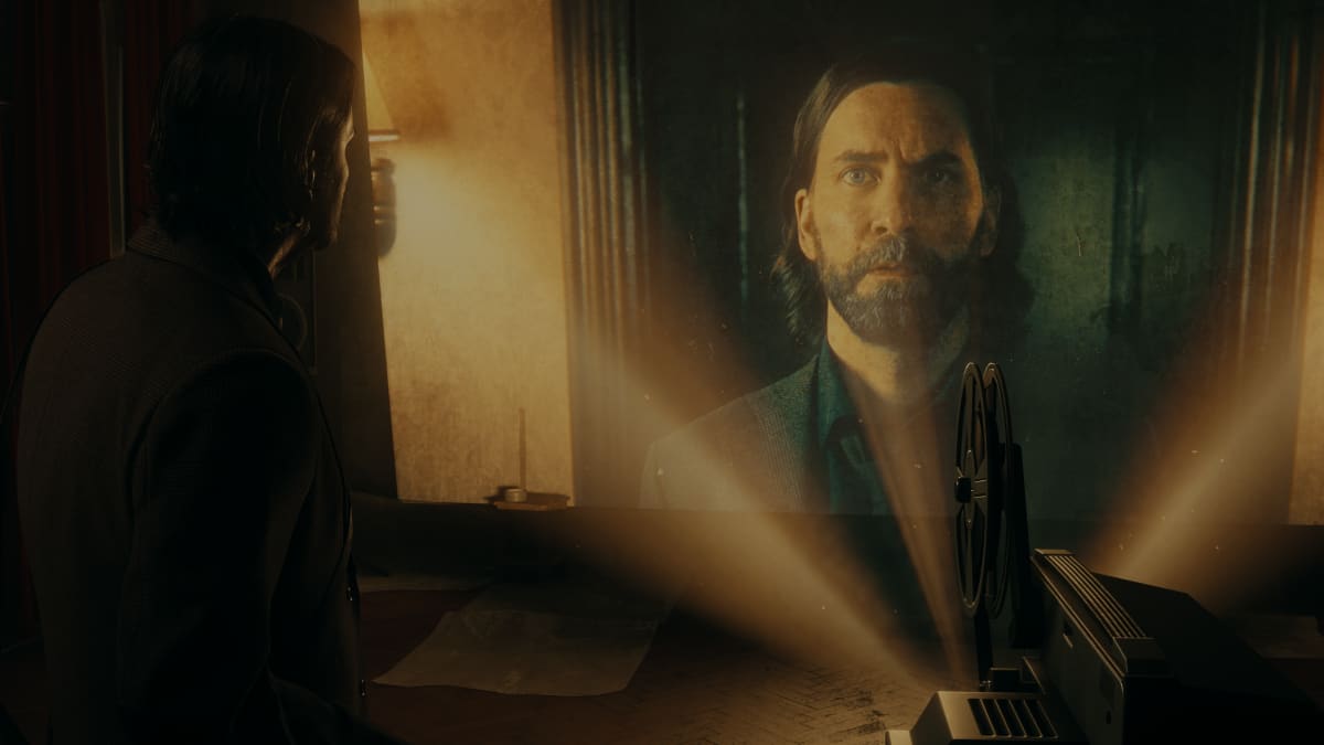 Alan Wake 2 ja tunnelmallinen huone. Kuvassa Ilkka Villin näyttelemä Alan Wake.