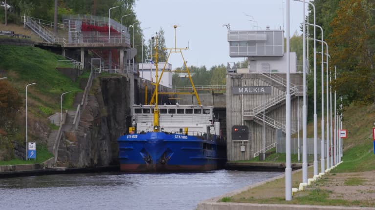 Russian cargo ship in a lock on the Saimaa canal.