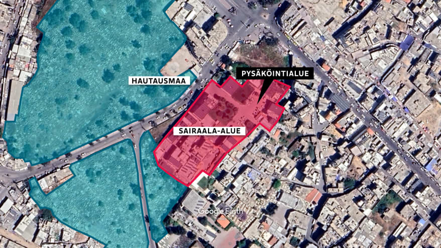 Kartta Gazan kaupungista. Kartalle on merkitty ja värjätty sairaala-alue keskellä, sen pysäköintialue ja sairaalan vasemmalla puolella suuri hautausmaa.