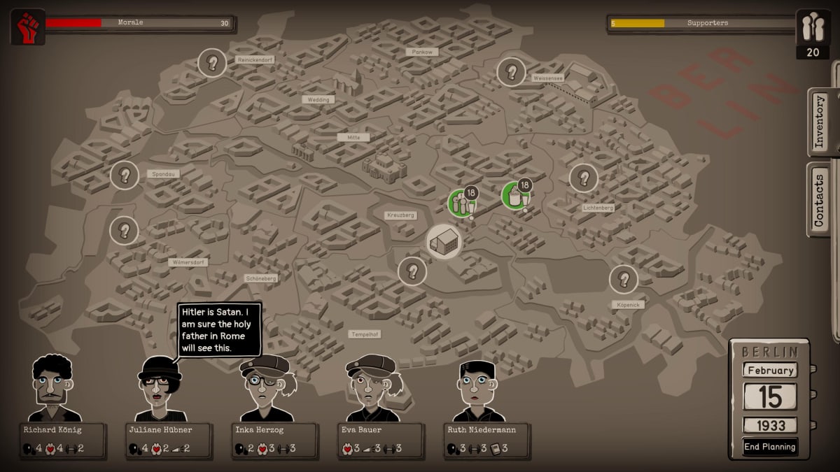 Kuvakaappaus Through the Darkest of Times -strategiavideopelistä. Mustavalkoinen karttanäkymä.