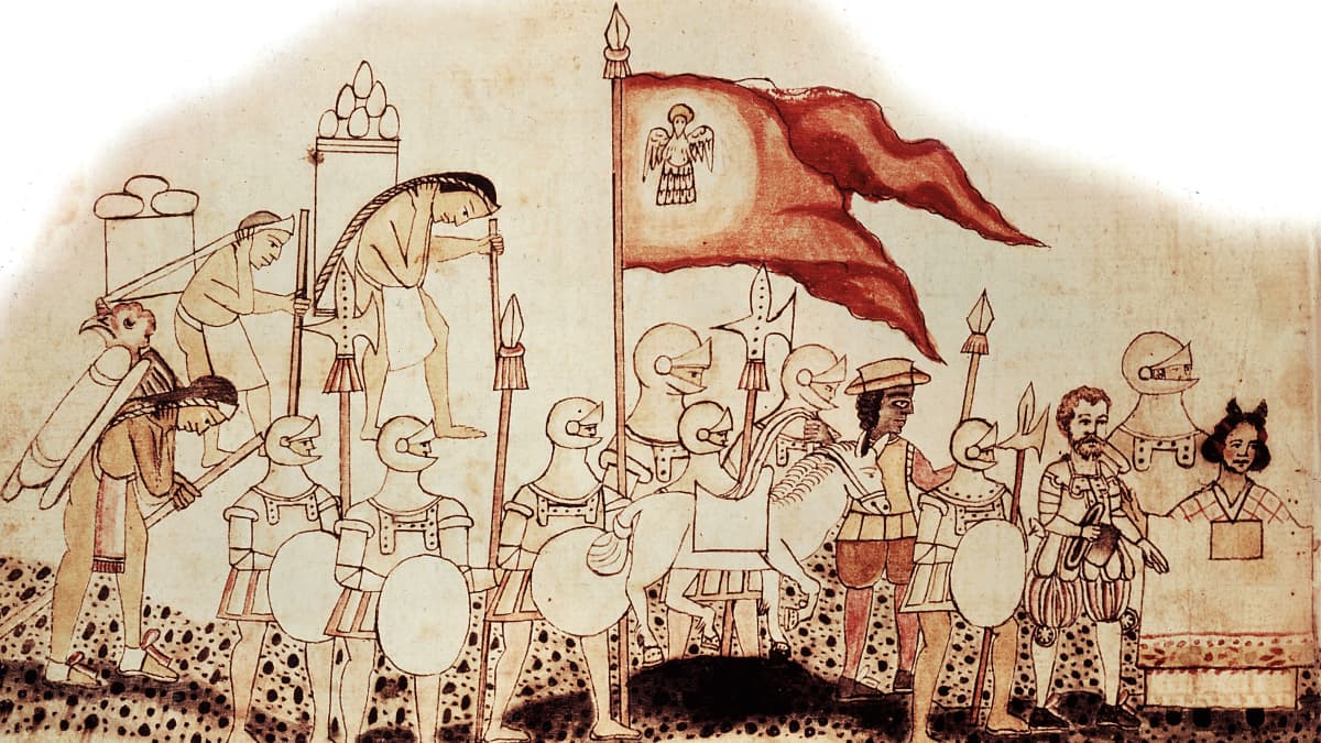 Hernan Cortes johtaa haarniskoitujen sotilaiden joukkoa ja intiaanikantajia vanhassa piirroksessa.