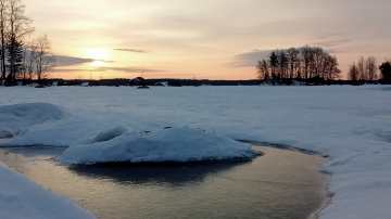 Talvinen maisema järven ääreltä. Jäätä ja vähän sulaa. 