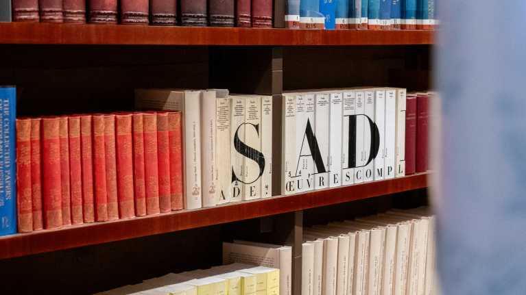 Kirjahylly. Kirjasarjan selissä olevatb isot kirjaimet muodostavat sanan SAD.