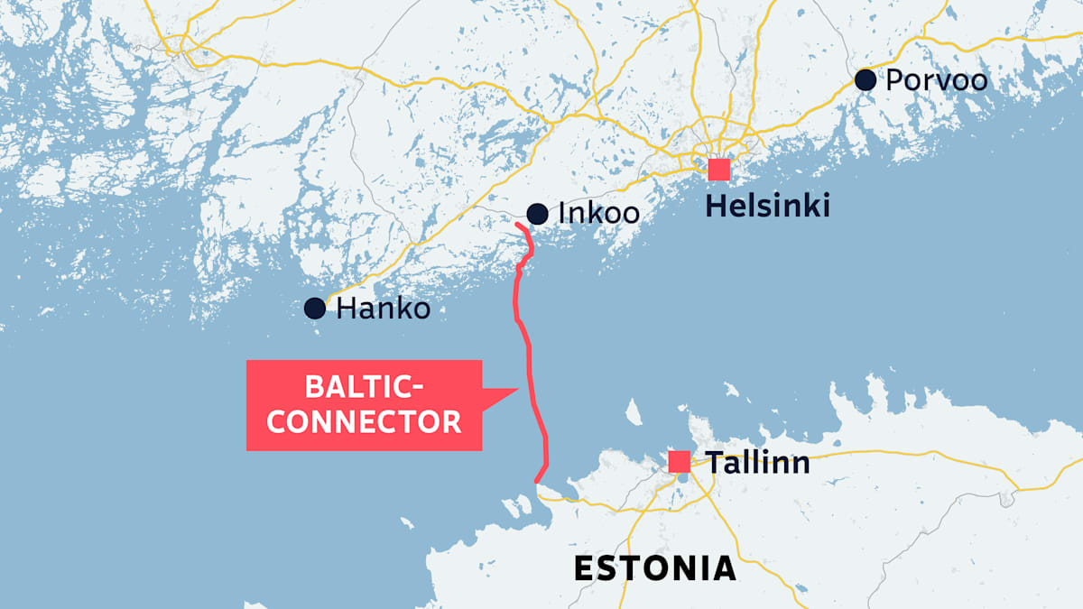 A map showing the location of Balticconnector gas pipe between Inkoo to Estonia, around 50 km west of Tallinn.