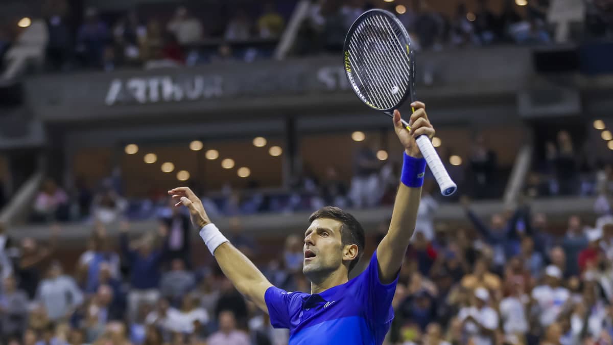 Novak Djokovic lyfter upp sin tennisracket och båda händerna och firar vinst i match.