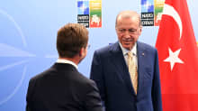 Ruotsin pääministeri Ulf Kristersson ja  Turkin presidentti Recep Tayyip Erdogan kättelevät.