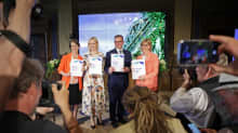 Sari Essayah (kd), Riikka Purra (ps), Petteri Orpo (kok.) ja Anna-Maja Henriksson (r) esittelivät uuden hallitusohjelman Säätytalolla Helsingissä 16. kesäkuuta.
