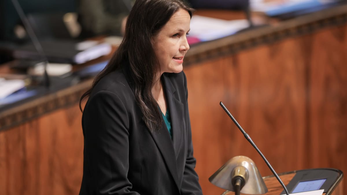 Veronika Honkaslo puhumassa eduskunnan täysistunnossa.