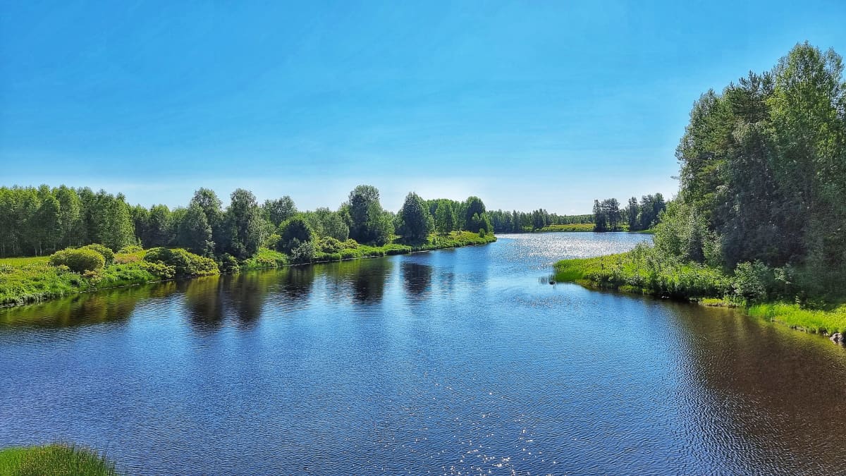 Aurinkoinen päivä Oulussa. Joki virtaa halki maalaismaiseman. 
