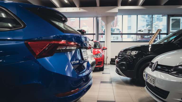 Used cars in a car dealership.