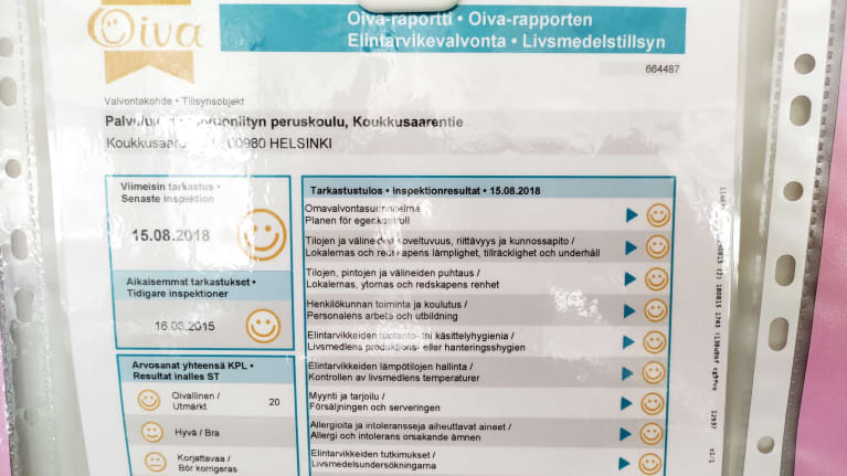 Oiva-todistus seinällä muovitaskussa. Elintarvikevalvonnan arvio kouluruuan hygieenisyydestä on saanut kaikissa 20 tarkastuksessa parhaan arvosanan oivallinen.