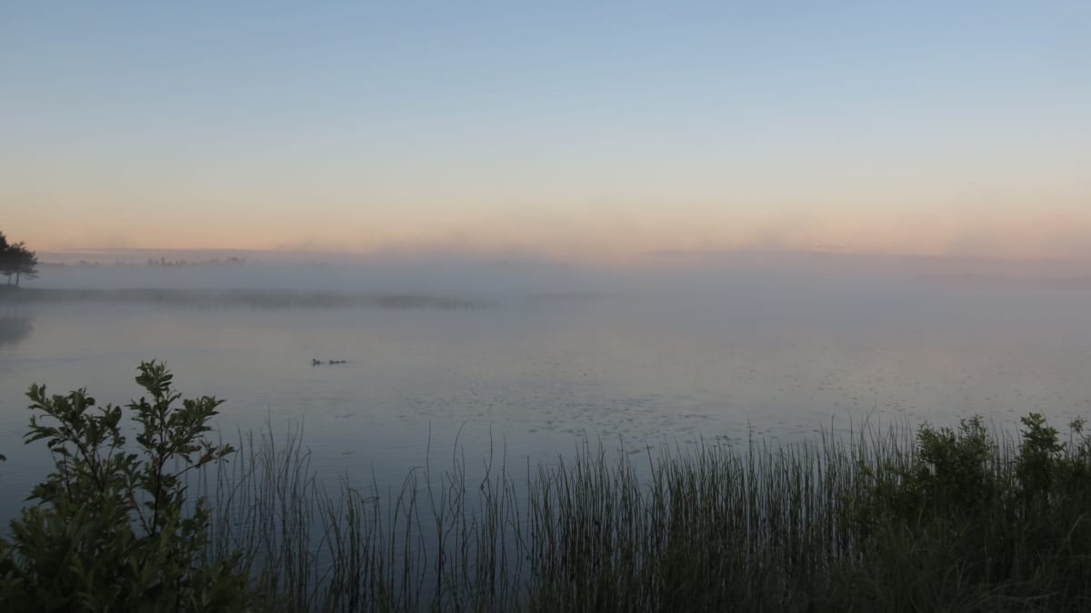 Aamu-usvaa Muoniossa järven yllä. Selkeä sää ja kylmä aamu. 