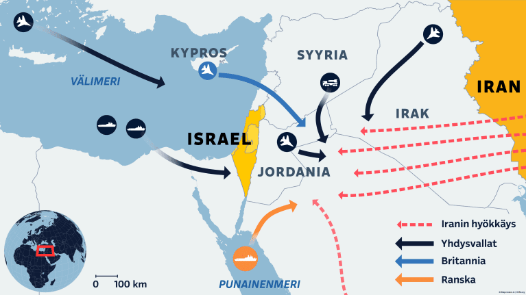 Kartta Israelia puolustaneista liittolaisista.