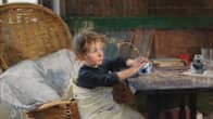 Oil painting of a child wrapped up in a sheet, sitting in a wicker chair, holding a mug with a small branch in it.