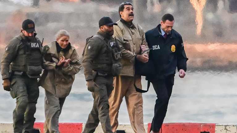 US authorities lead Nicolas Maduro, who is in handcuffs. 