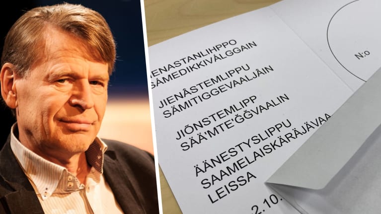 Kuvassa on ihmisoikeusprofessori Martin Schein sekä saamelaiskäräjien vaalilipuke.