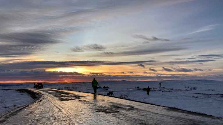 The sun&rsquo;s rays are visible on the fell. In the picture, a man and a dog.