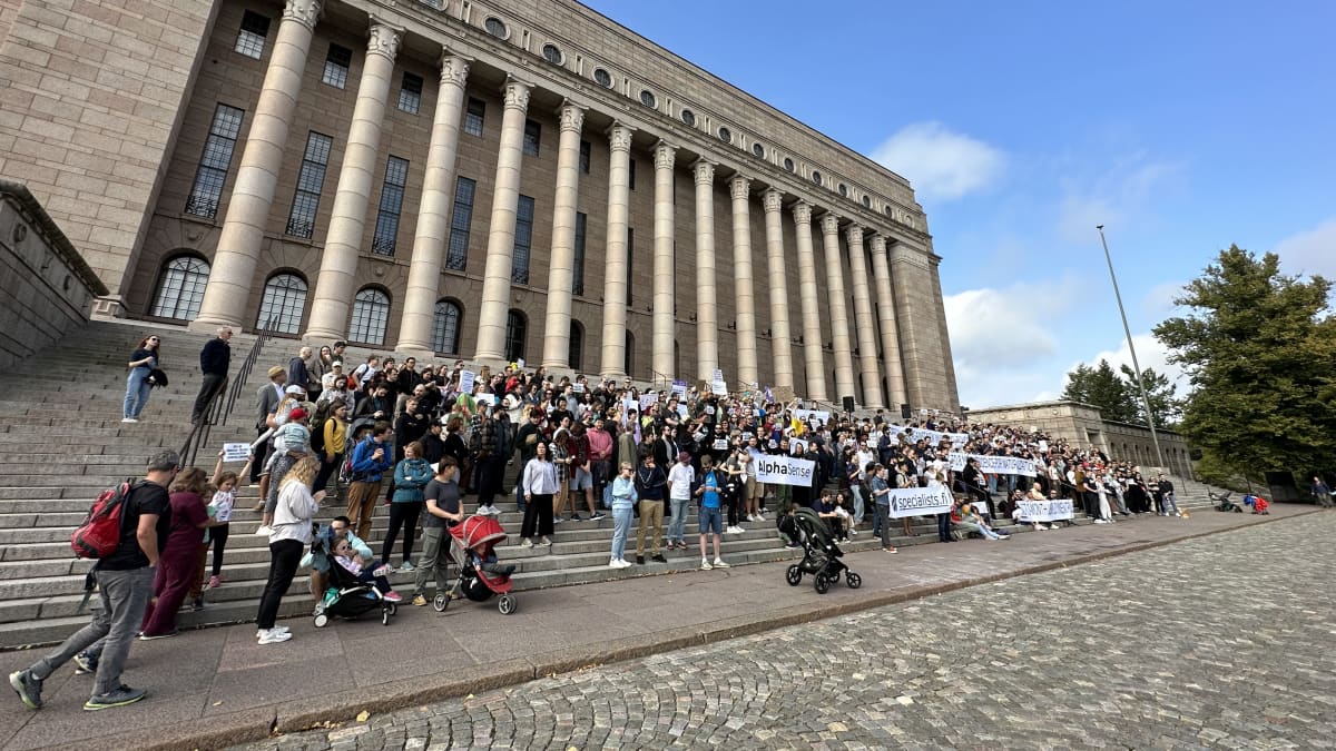 Ulkomaalaiset asiantuntijat osoittamassa mieltä eduskunnan edessä hallitusohjelmaa vastaan. 