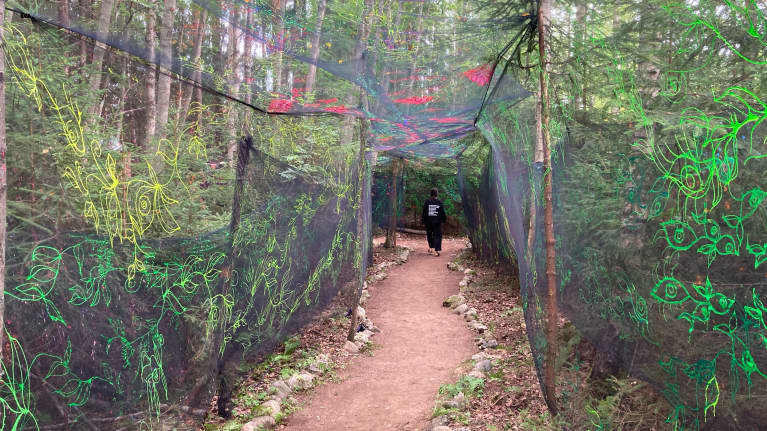 Kivetyn metsäpolun ympärille on rakennettu harsokankaasta tunneli, jossa on pimeässä hohtavia kiekuroita.